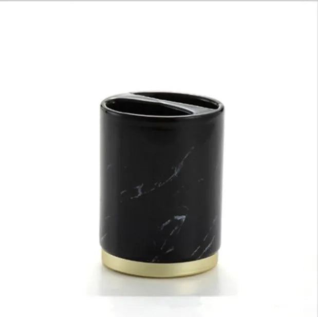 Bright glaze ceramic bathroom set with soap dish, toothbrush holder, cup, and emulsion bottle in black.