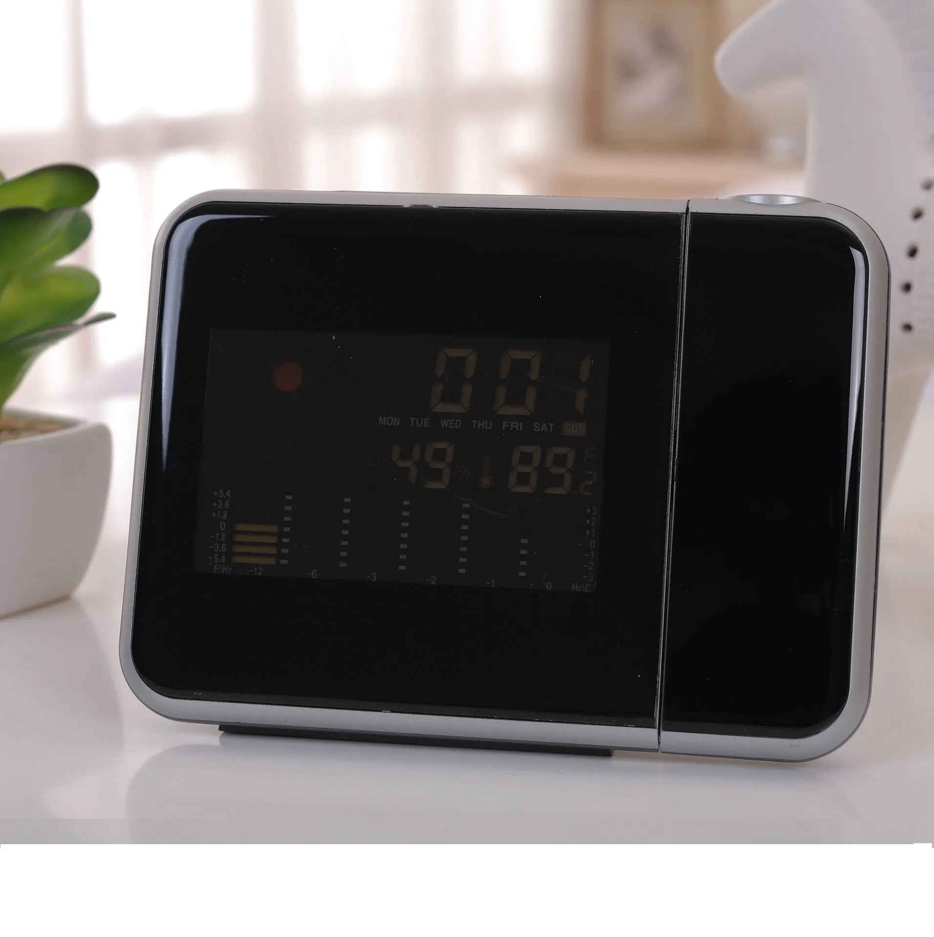 Home electronic clock with digital display and USB port, black plastic case, 16x6x12 cm size