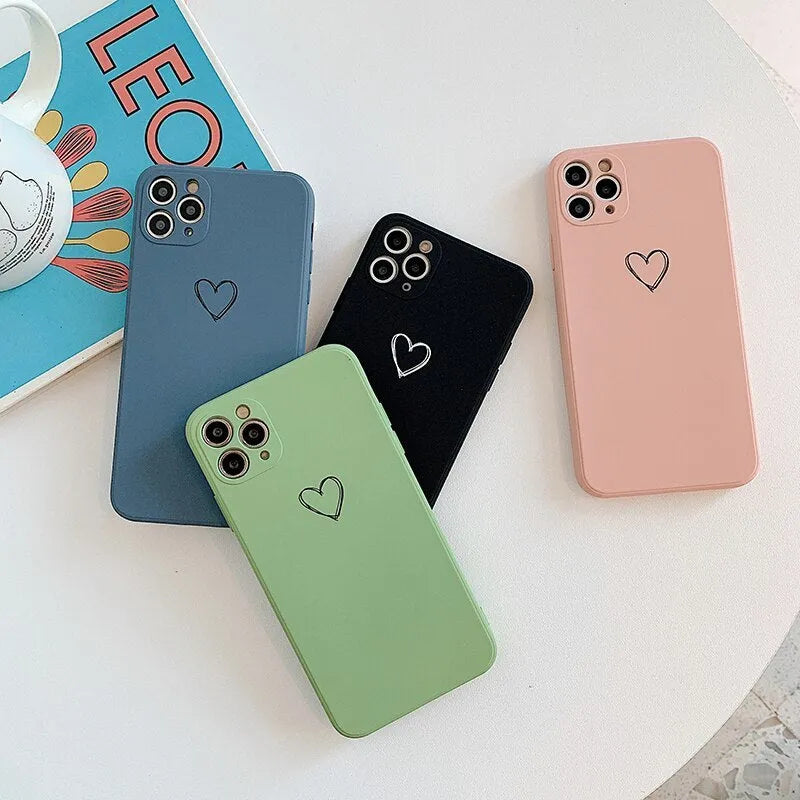 Silicone TPU phone case for Apple iPhone in solid colours black, green, pink, purple, red, white, grey, and light green.