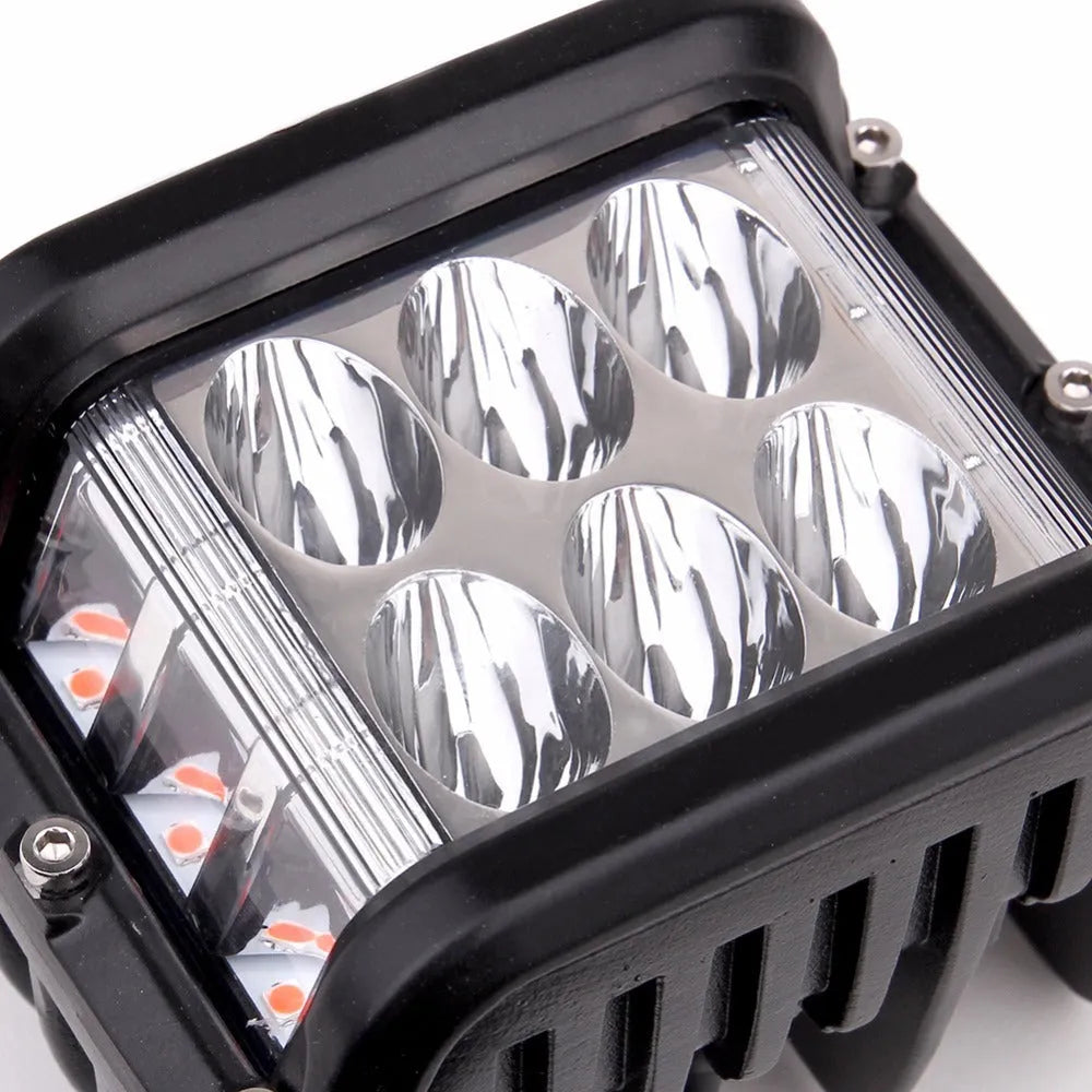 45W LED work light with aluminium alloy housing, 7800LM output, 12-24V voltage and three-sided two-colour yellow design
