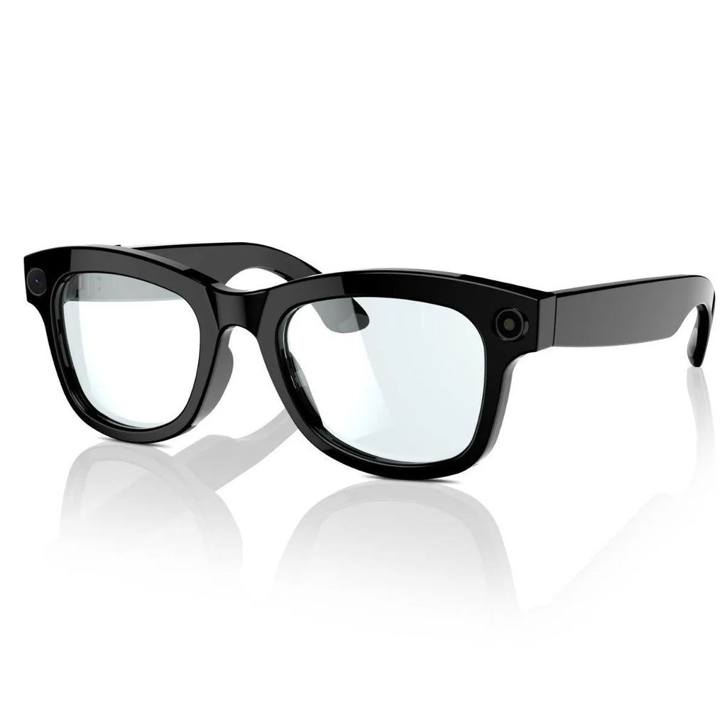 AI translation intelligent video glasses with HD camera in black and transparent lens options on a PC ABS frame.