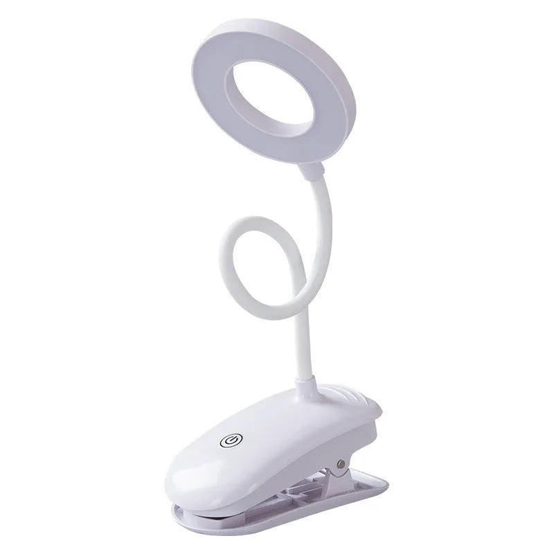 White rechargeable clip-on desk lamp with a modern plastic shade and touch switch