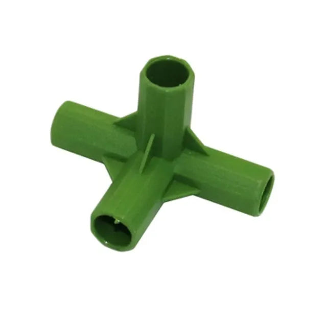 White PP plastic 3-way and 4-way plant support connectors for 11mm garden stakes.