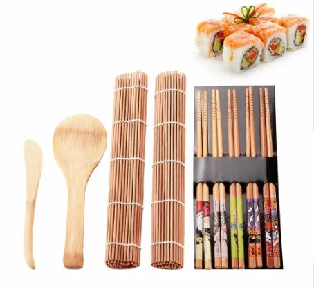 White sushi tool set with bamboo rolling mat and rice paddle for home sushi making