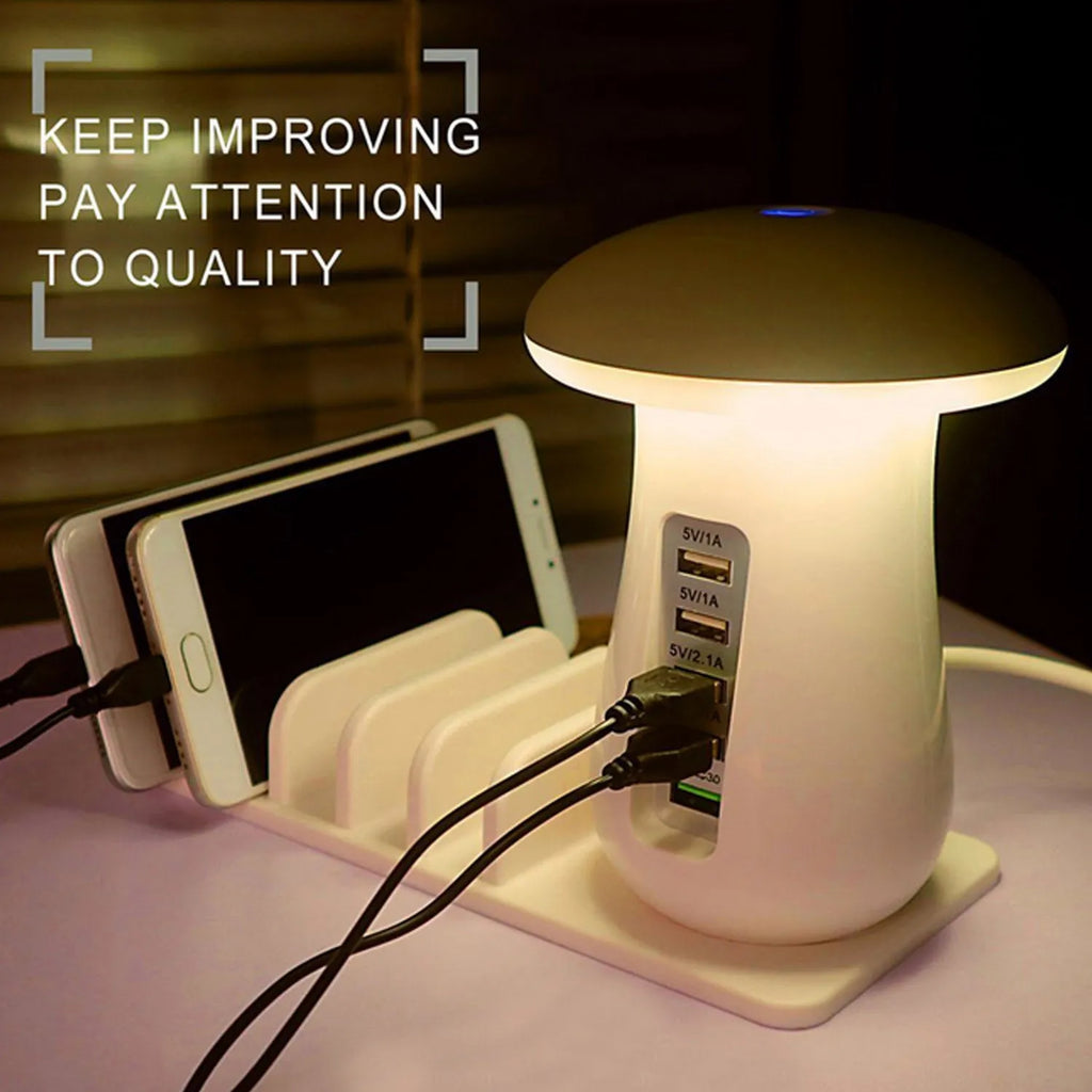 White mushroom-shaped USB charging station with LED light and five charging ports