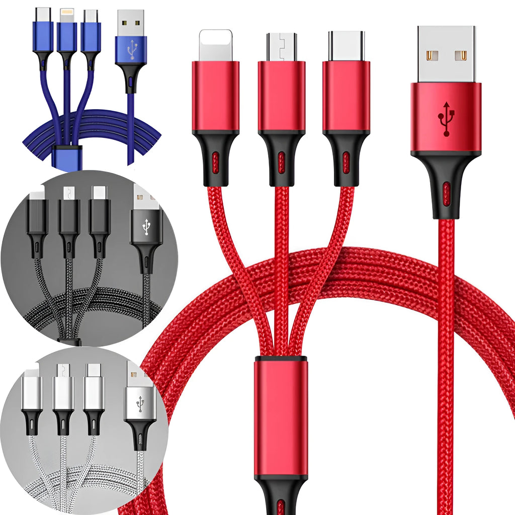 Braided 3-in-1 universal charging cable with aluminium alloy connectors in six colour options