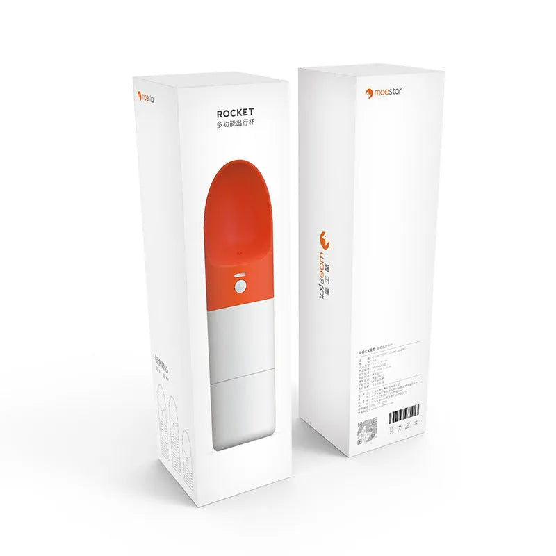 White and grey Moestar Rocket shaped pet water bottle with cup head and lock button.