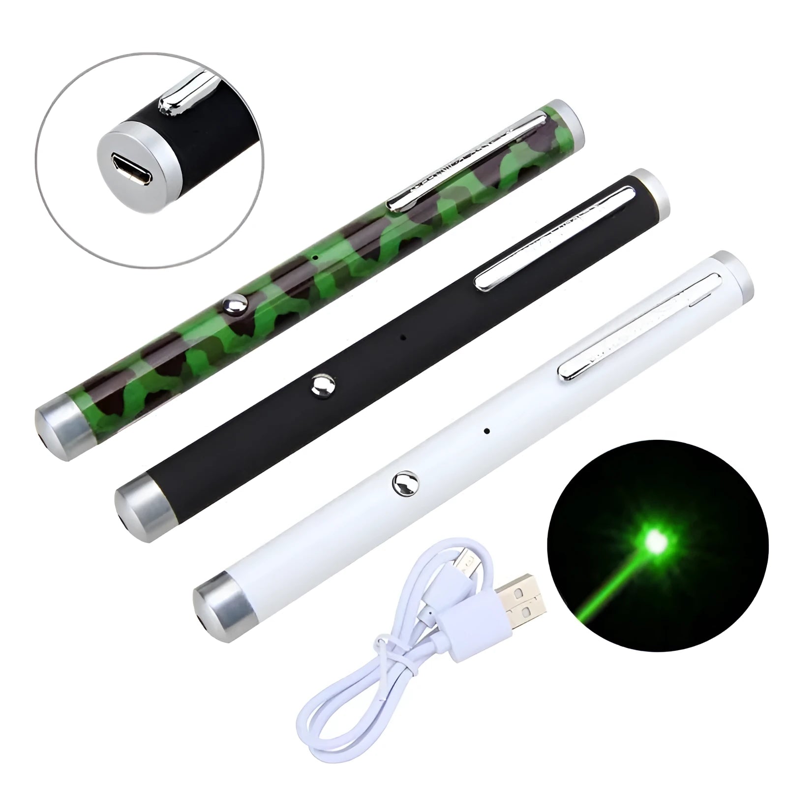Green laser pointer pen with aluminium alloy body in black, camouflage or white colour options