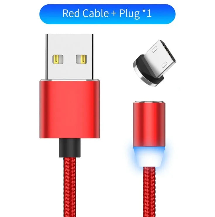 Black magnetic LED charging cable with aluminium shell and woven texture, showing LED light and connector.