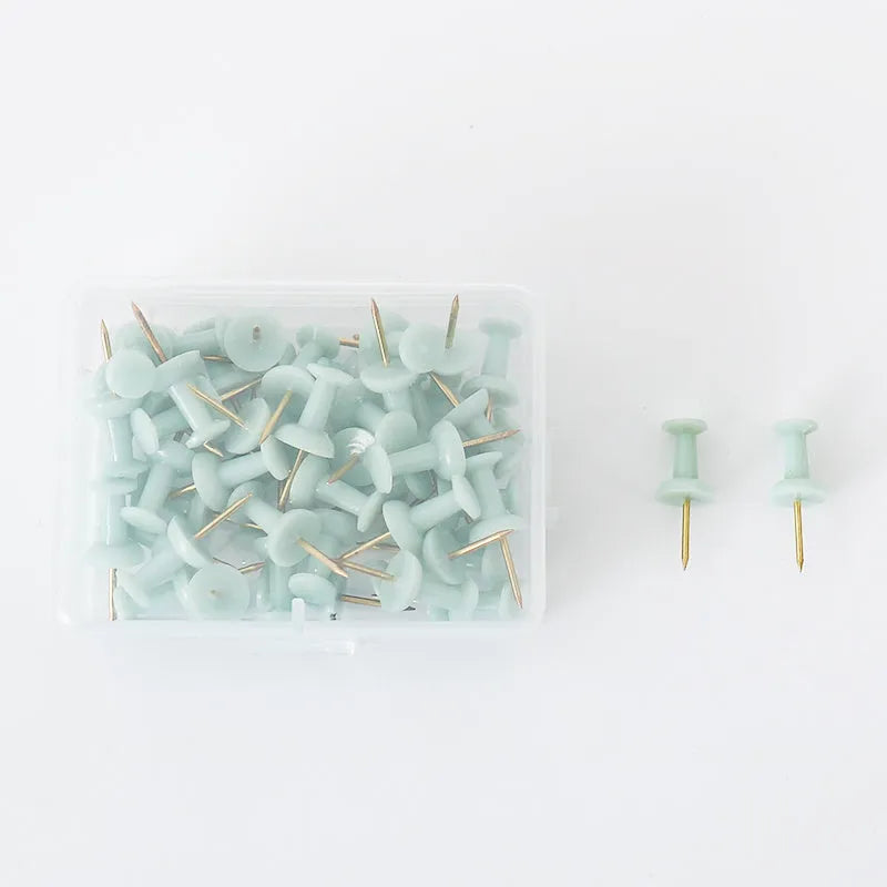 Assortment of Morandi colour push pins including green, grey, and pink tones with different head shapes