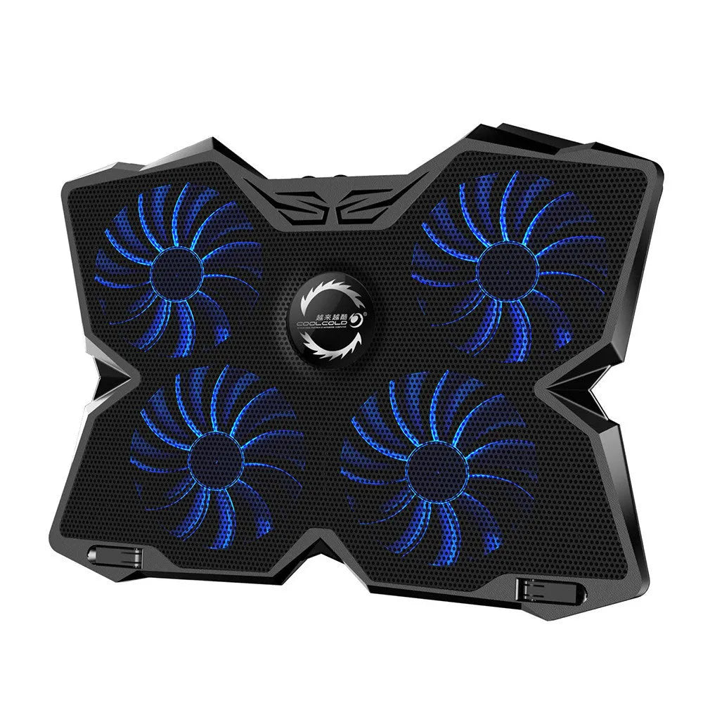 Blue laptop cooling base with four LED fans and USB ports for computer heat dissipation