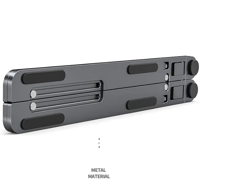 Silver aluminium folding laptop stand adjusted to medium height with a laptop in place.