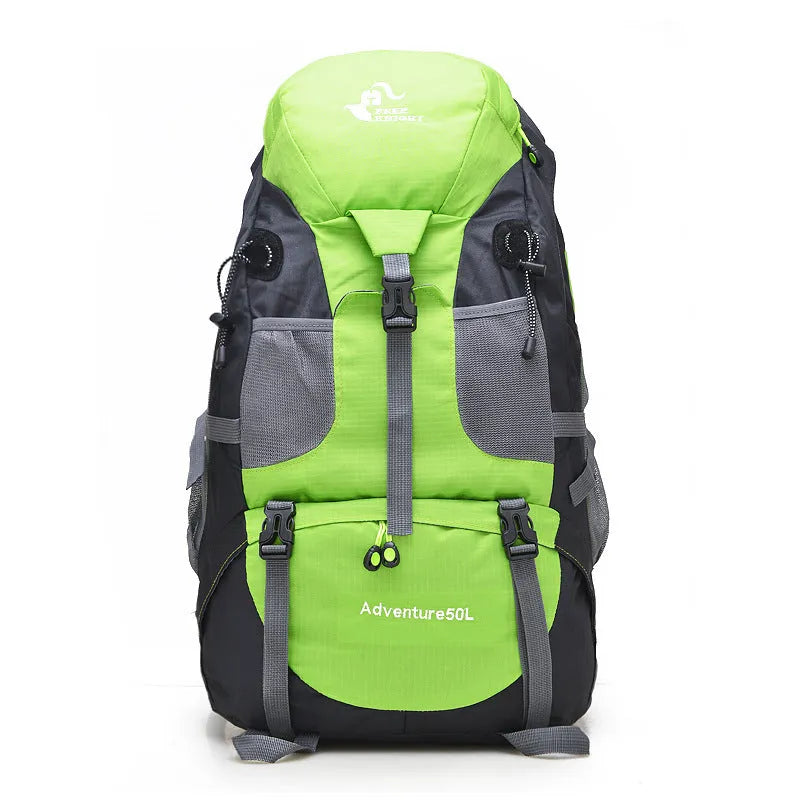 50L waterproof foldable nylon backpack in red with adjustable straps and chest belt