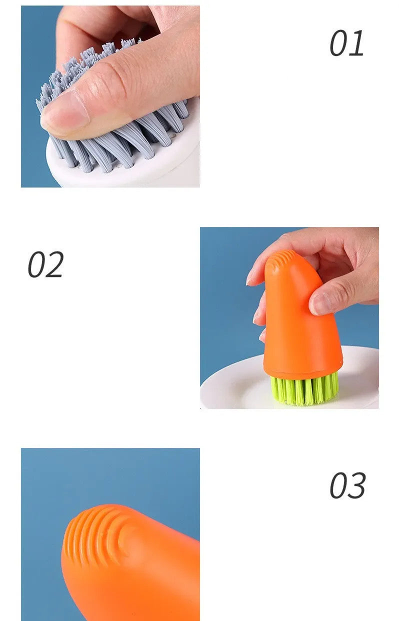 Orange and white carrot-shaped nylon kitchen cleaning brush on a plain background.