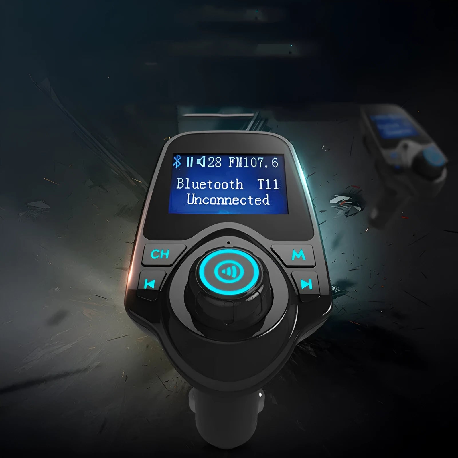 Black car Bluetooth hands-free FM transmitter kit with USB and memory card ports.