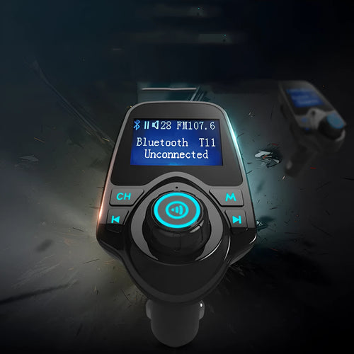 Black car Bluetooth hands-free FM transmitter kit with USB and memory card ports.