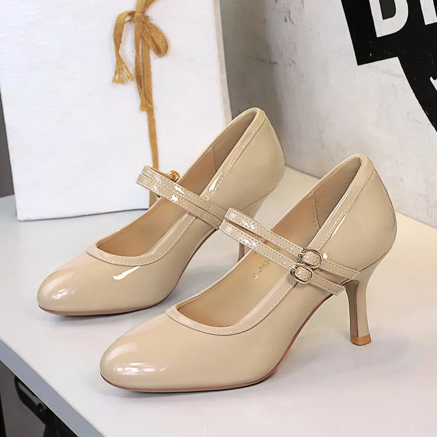 Slender heel round toe shallow double buckle Mary Jane shoes in solid colour with rubber sole