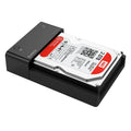 Black universal 2.5-inch and 3.5-inch SATA hard disk enclosure box with data cable.