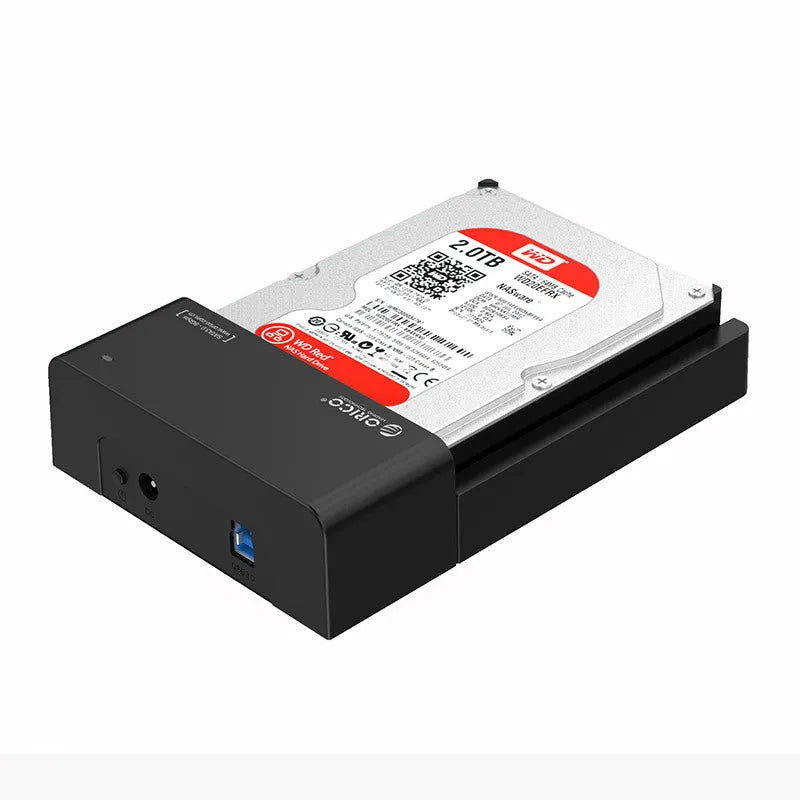 Black universal 2.5-inch and 3.5-inch SATA hard disk enclosure box with data cable.