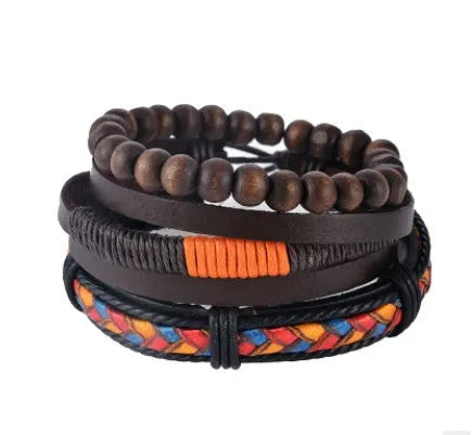 Handmade adjustable leather bead bracelet with multilayer design featuring cowhide leather, wooden beads, and woven ropes