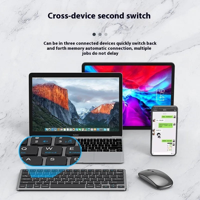 Ultra-thin wireless keyboard and rechargeable mouse set in black, silver, or gun metal colours with Bluetooth connectivity