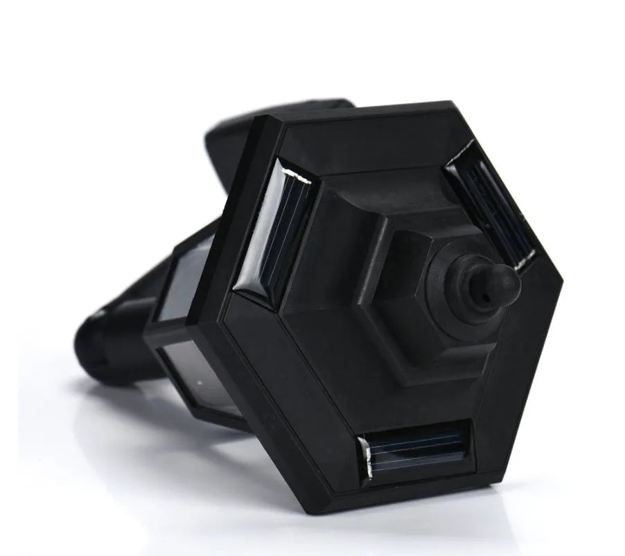 Black hexagonal solar-powered wall light with LED and solar panel for outdoor use