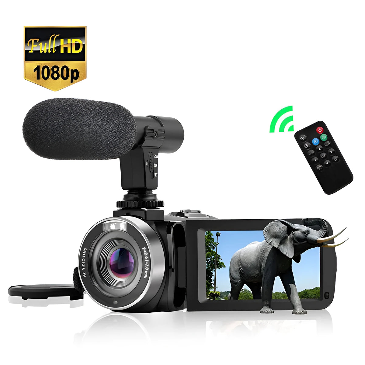 Black HD digital camera body, no lens and no microphone included, compact point-and-shoot design