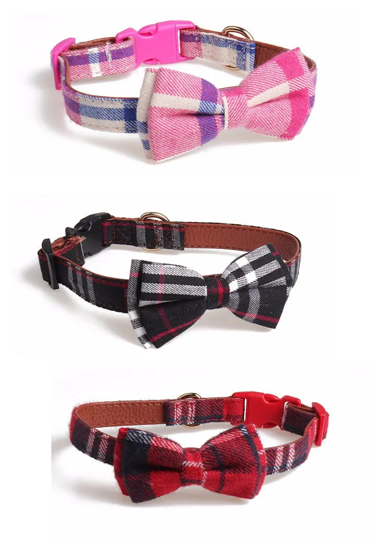 Adjustable bowknot traction dog collar in cotton and PU leather with lattice pattern, sizes S to L