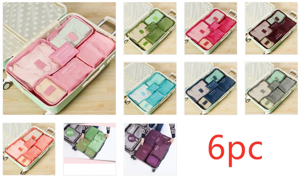 Set of six nylon packing cubes in different sizes and colours for travel organisation