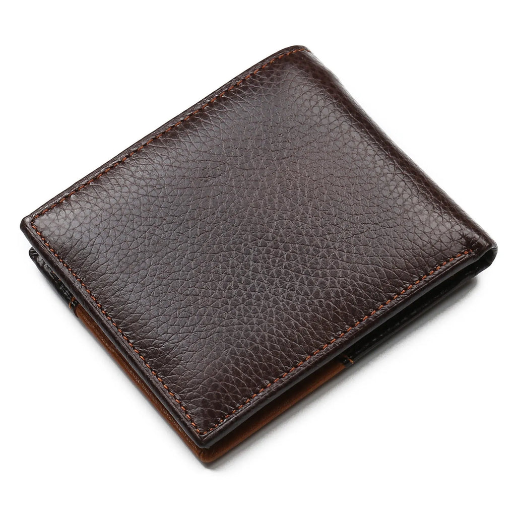 Horizontal brown leather men's wallet with contrast stitching, shown open to reveal card slots and a zippered coin pocket.