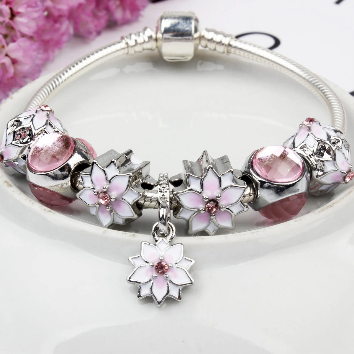 Magnolia flower alloy bracelet, unisex, available in 18cm, 19cm and 20cm sizes