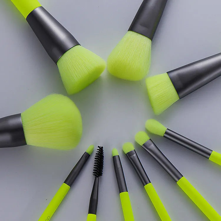 10 piece professional fluorescent green makeup brush set with synthetic fibre bristles and wooden handles
