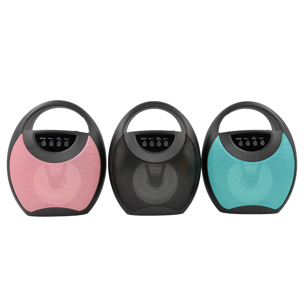 Portable Bluetooth speaker in black, blue or pink colours showing USB port for U disk or SD card playback