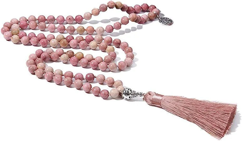 Handmade knotted stone bead necklace with 108 beads, showing geometric design and natural stone colours.
