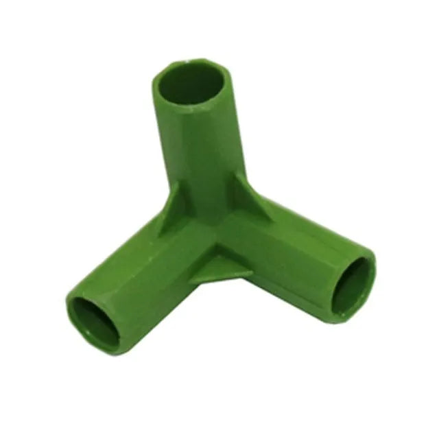 White PP plastic 3-way and 4-way plant support connectors for 11mm garden stakes.