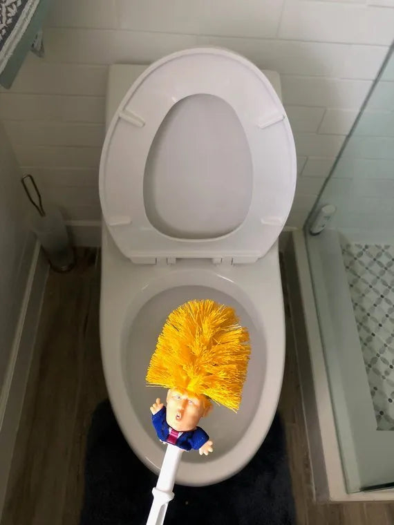 Yellow plastic Donald Trump toilet brush with 40cm length and hanging slot handle