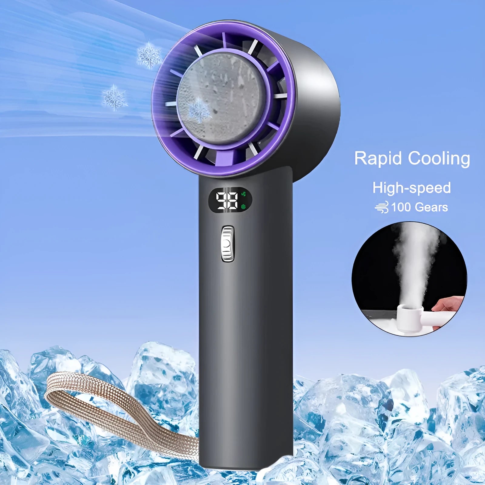 White portable handheld turbo fan with cooling function and display, shown on a table.