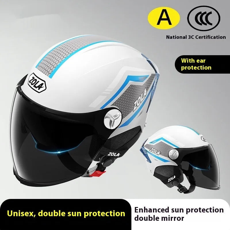 3C certified motorcycle half helmet showing integrated sun visor and dual anti-fog mirrors on a swivel mount.