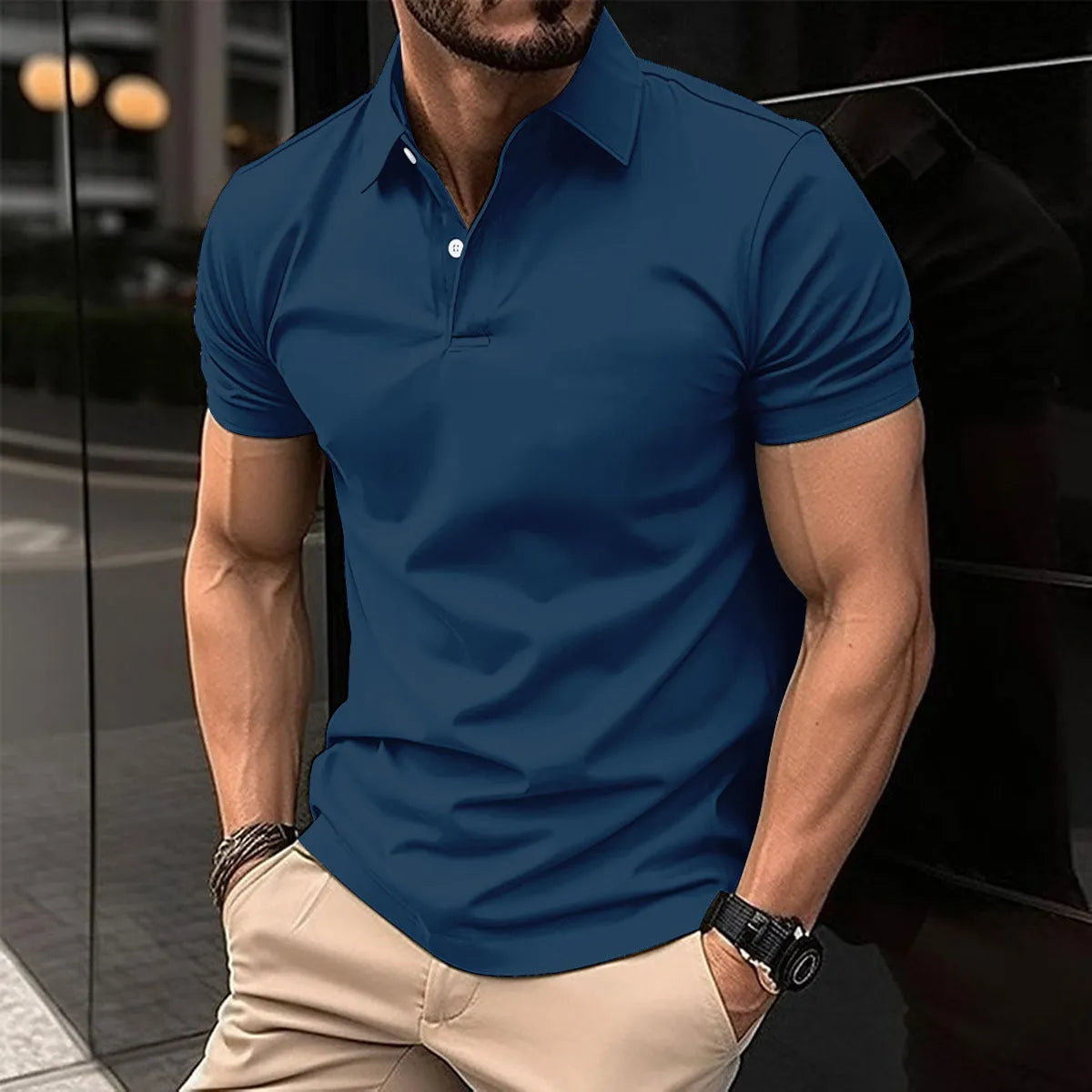 Men's solid colour cotton blend polo shirt with button lapel collar and short sleeves
