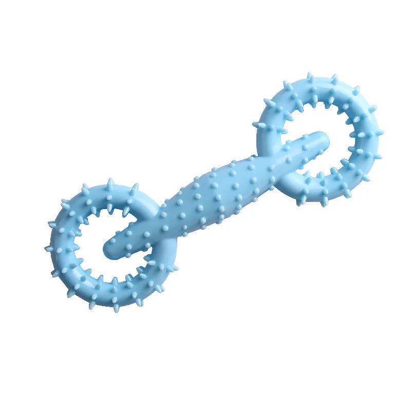 Blue TPR ring-shaped dog chew toy for puppy teething on a white background.