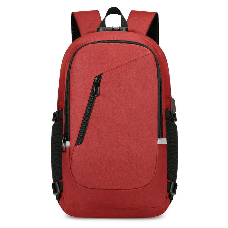 Blue unisex Oxford cloth computer backpack with a street style design, shown from the side.