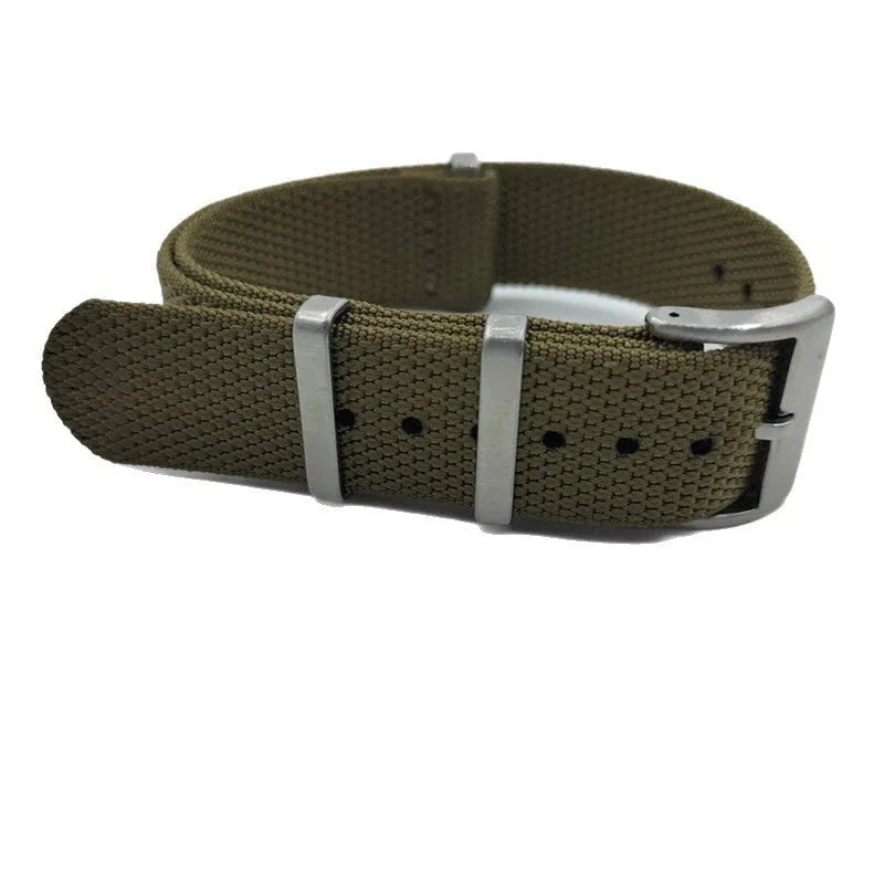 Nylon integrated watch strap in army green colour showing textile texture and buckle.