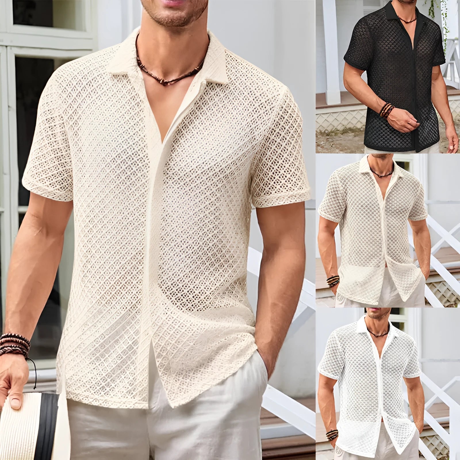 Men's cotton blend mesh short sleeve lapel shirt in beige colour