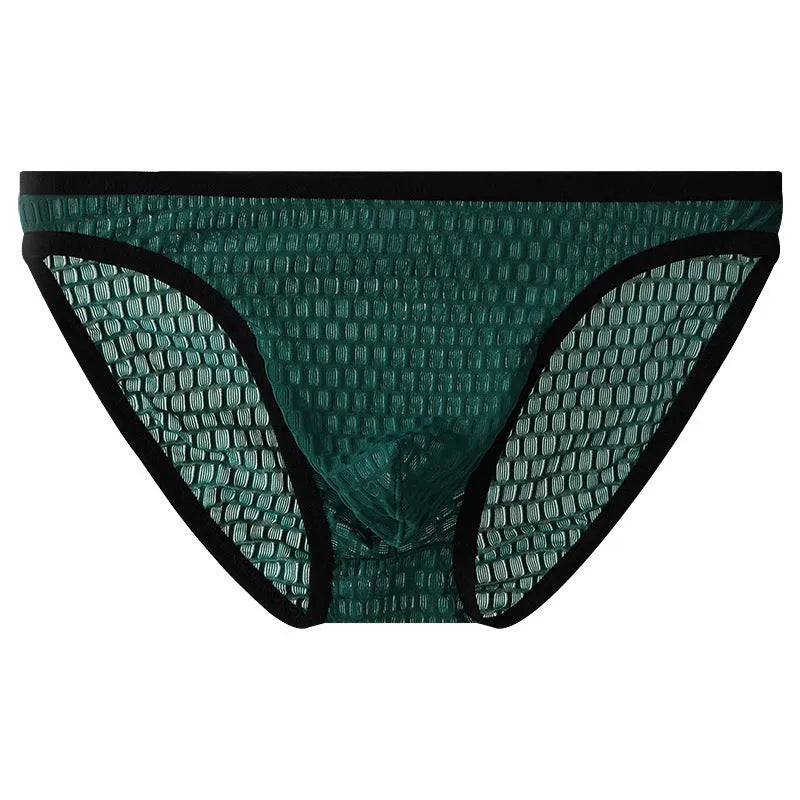 Men's low waist transparent visual lace underwear in multiple colours on a size chart