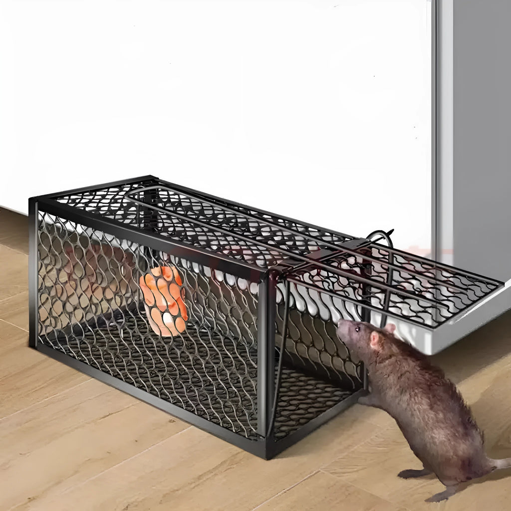 Automatic reset mouse cage trap in plastic and iron designs, shown in small, medium, and large sizes.