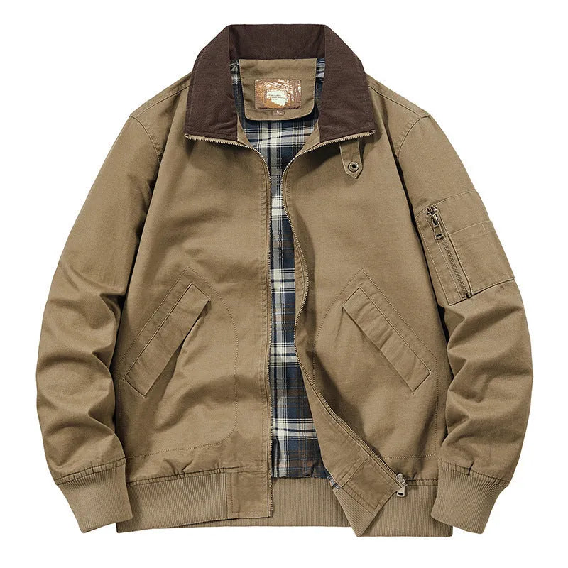 Men's plus size washed cotton baseball flight jacket in Army Green colour.