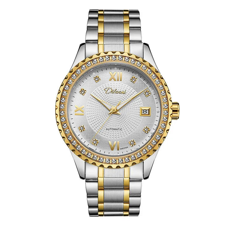 Fashionmonger men's gold and silver automatic mechanical watch with luminous hands on white and black dial.