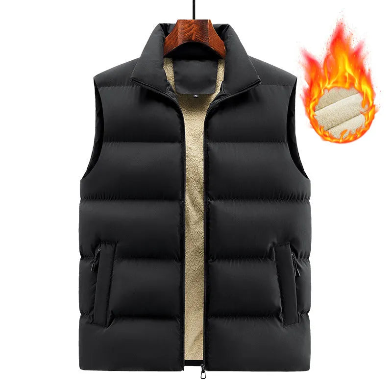 A striped men's sleeveless lambswool vest in black, shown on a hanger.