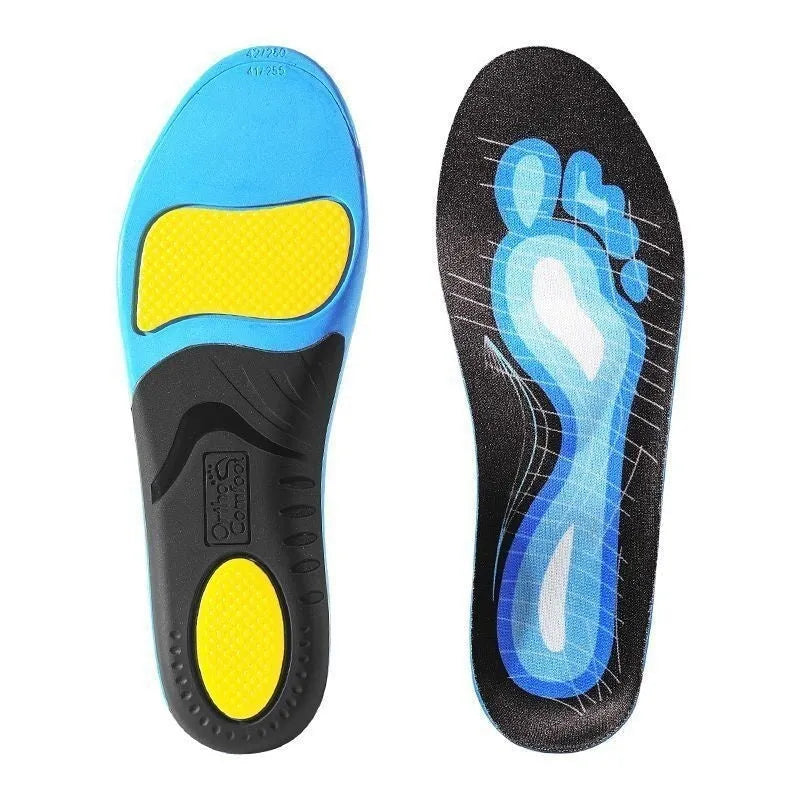 Blue and green PU flat foot correction insoles showing arch support design with yard sizing indicators