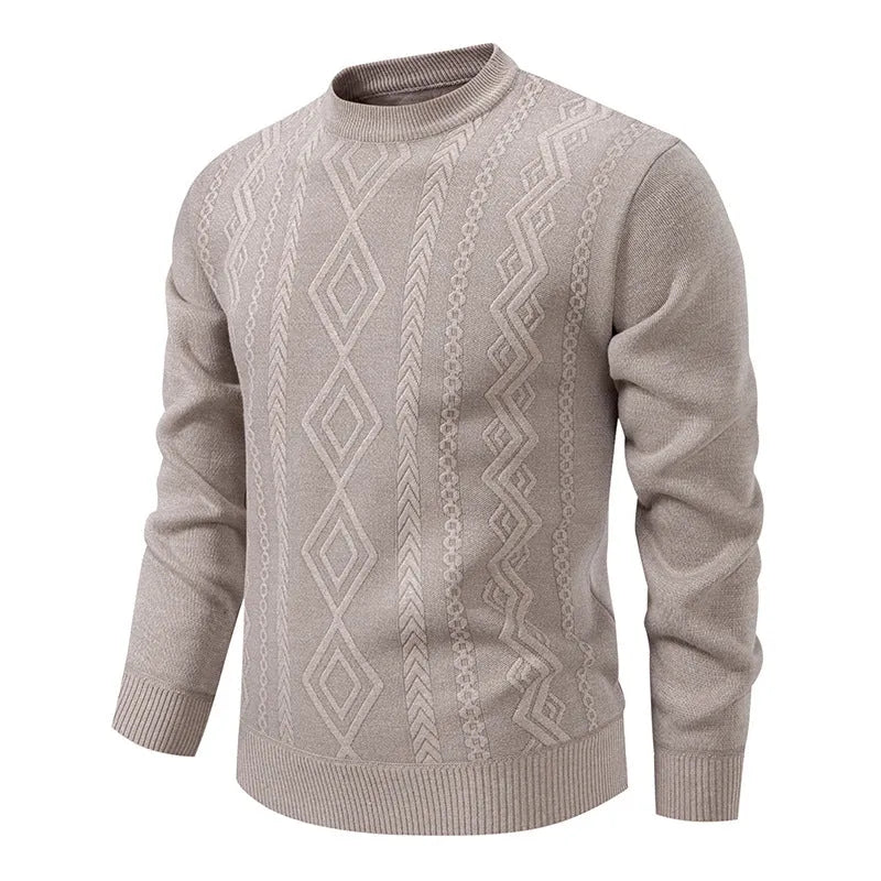 Men's loose knitted sweater in blue grey, round neck, long sleeve, ribbed hem, thickened polyester blend.